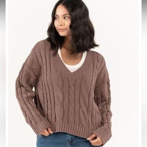 RSQ Brown Cable Knit V-Neck Sweater